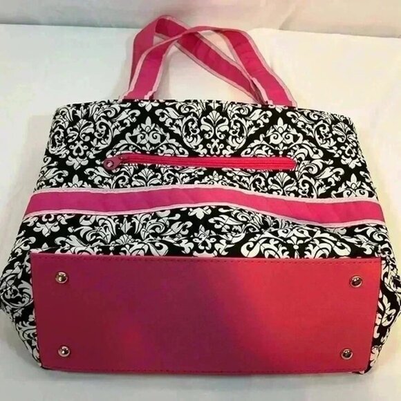 EVER MODA PINK BLACK WHITE QUILTED PURSE TOTE POCKETS BOW - Picture 2 of 7